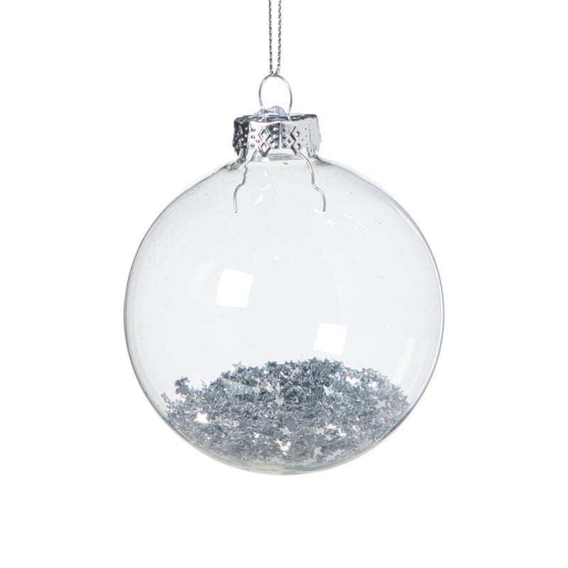 Kerstbal glas met zilveren glitters - transparant/zilverkleurig